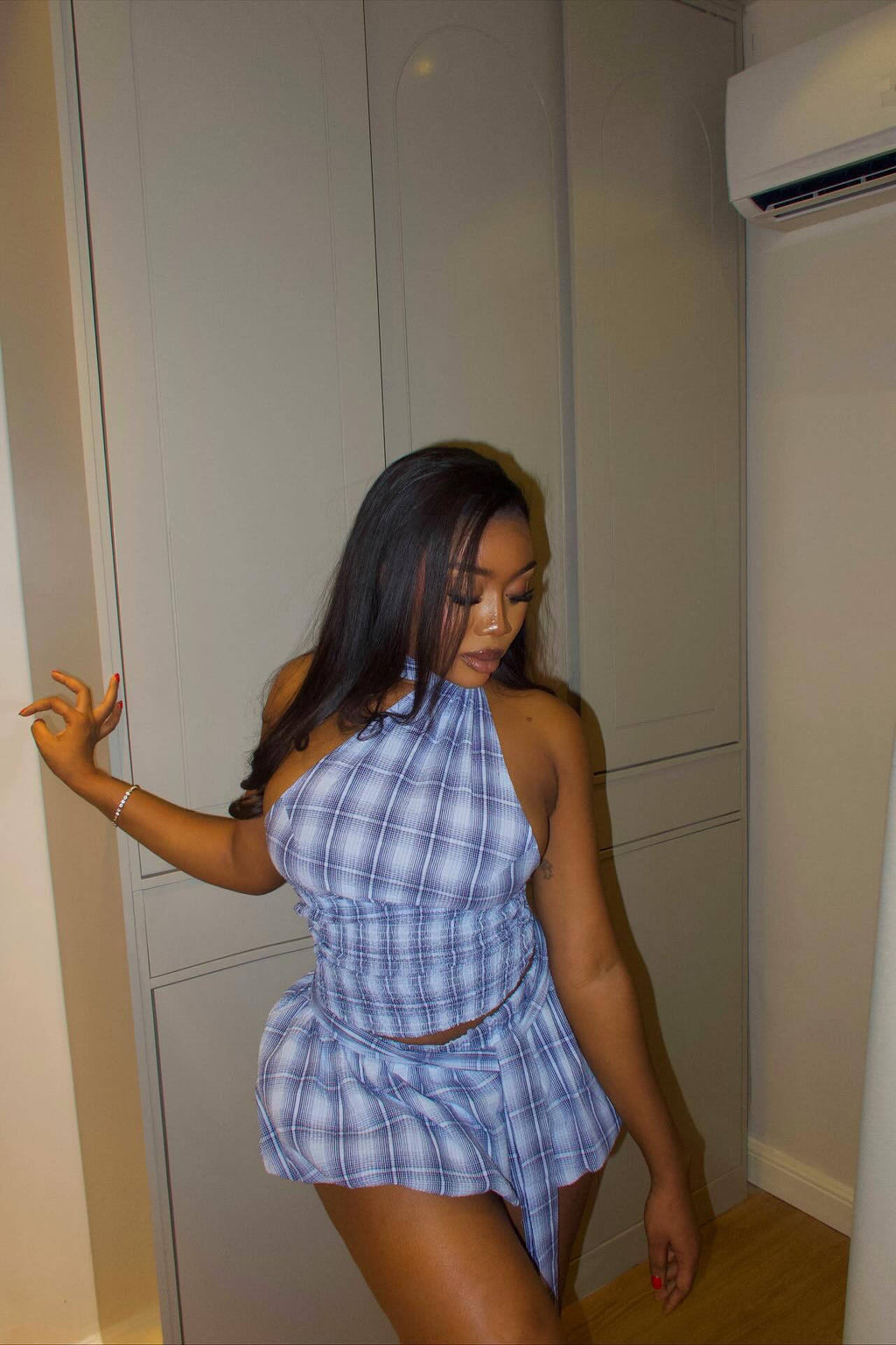 Smocked Waist Plaid Skirt Set
