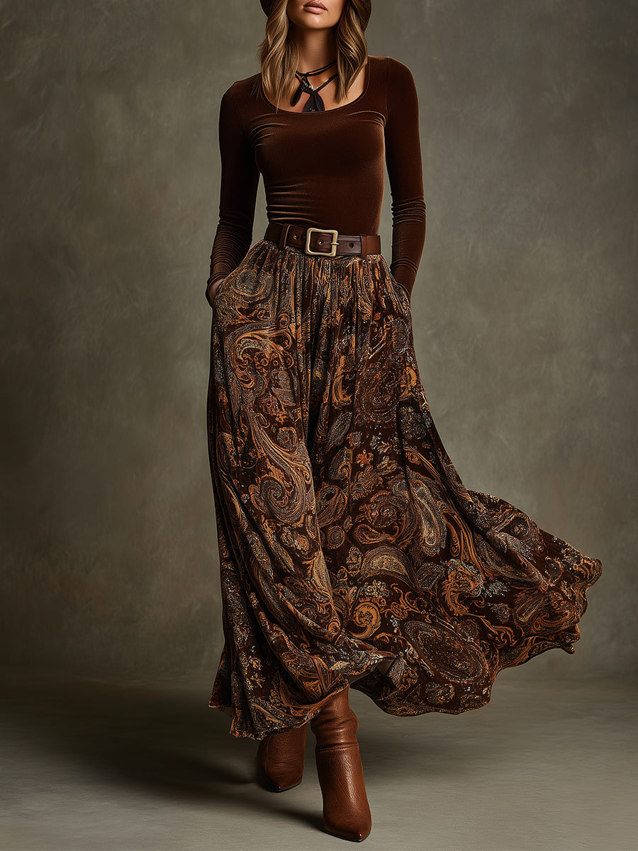 Vintage Velvet Top & Paisley Print Long Skirt Set