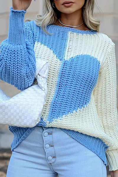 Casual Patchwork Contrast O Neck Tops Sweater
