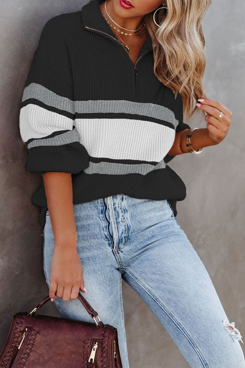 Casual Solid Patchwork Zipper Collar Sweaters