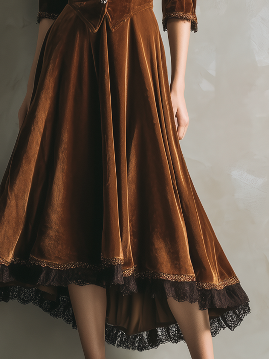Vintage Three-Quarter Lace Velvet Midi Dress