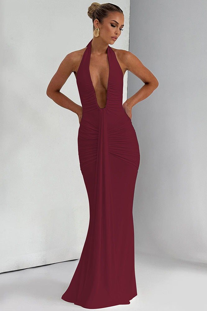 Halter Deep V Mermaid Maxi Dress