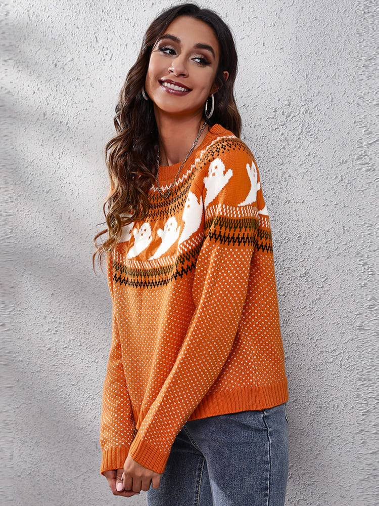 Literary Retro Ghost Pattern Neck Knitted Sweater