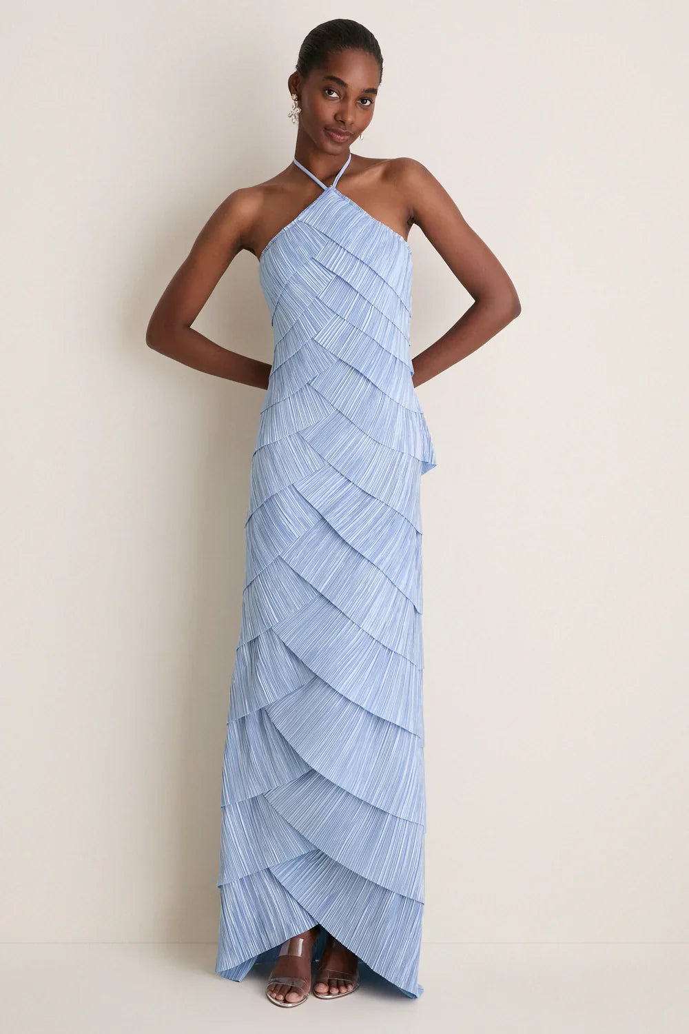 Light Blue Plissé Halter Tiered Maxi Dress