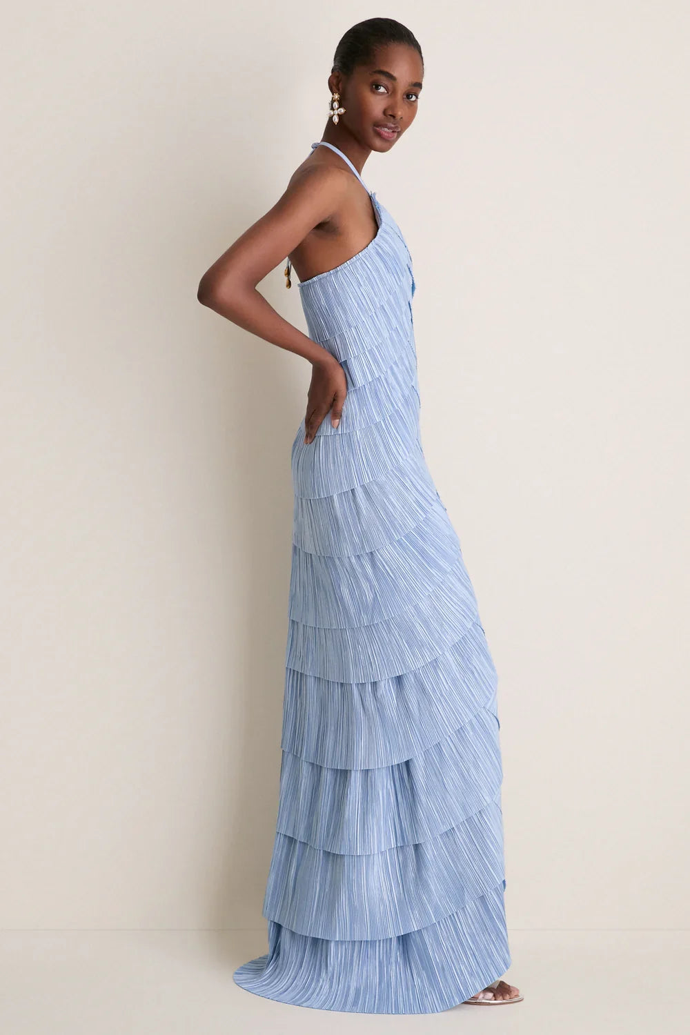 Light Blue Plissé Halter Tiered Maxi Dress