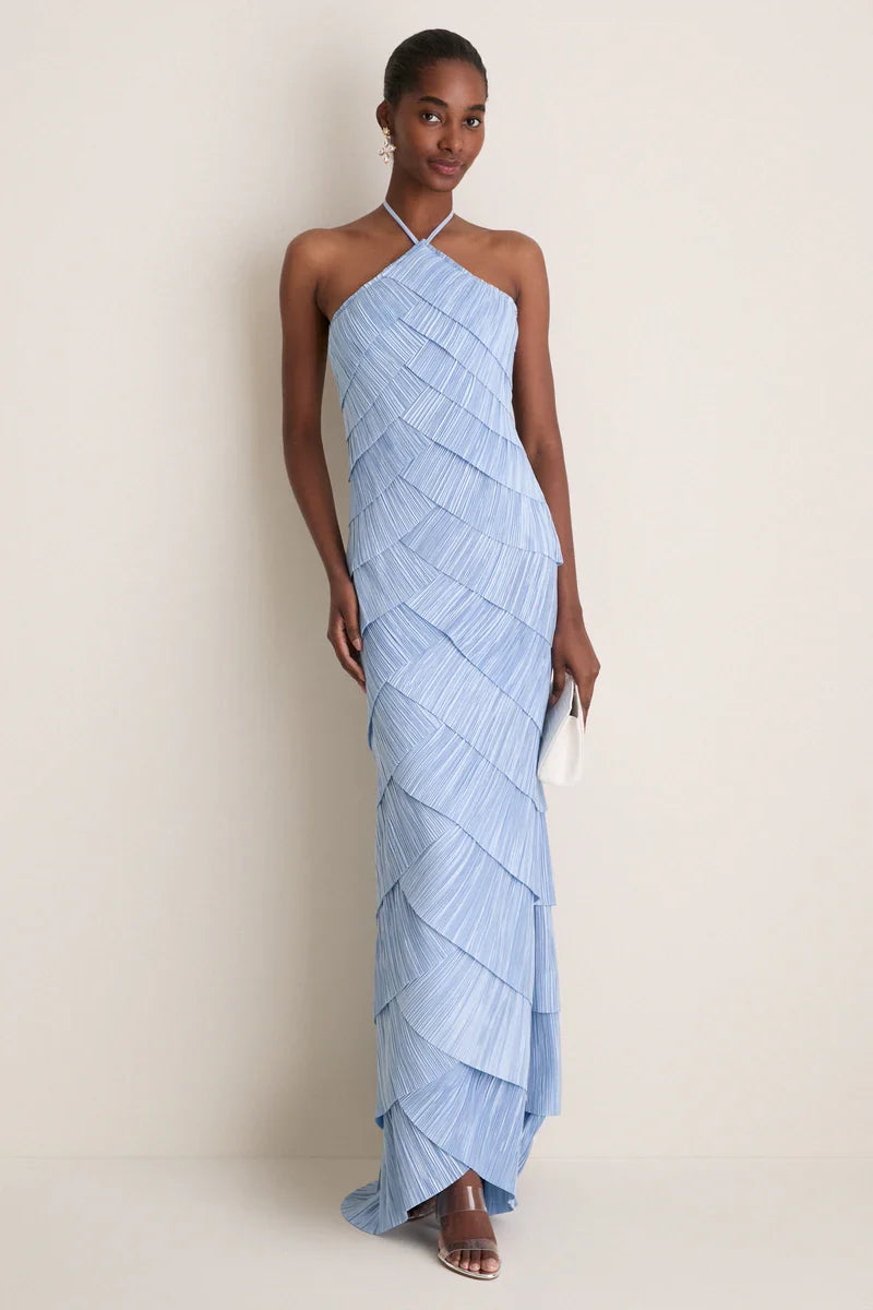 Light Blue Plissé Halter Tiered Maxi Dress