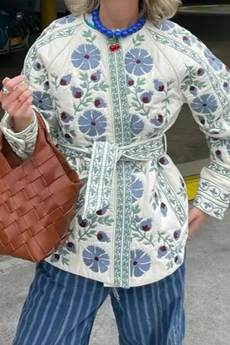 Street Flowers Lace Up Patchwork O Neck Outerwear