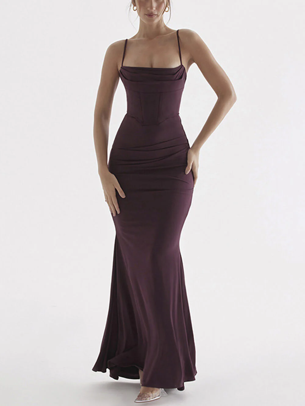 Square Neck Ruched Corset Fishtail Maxi Dress