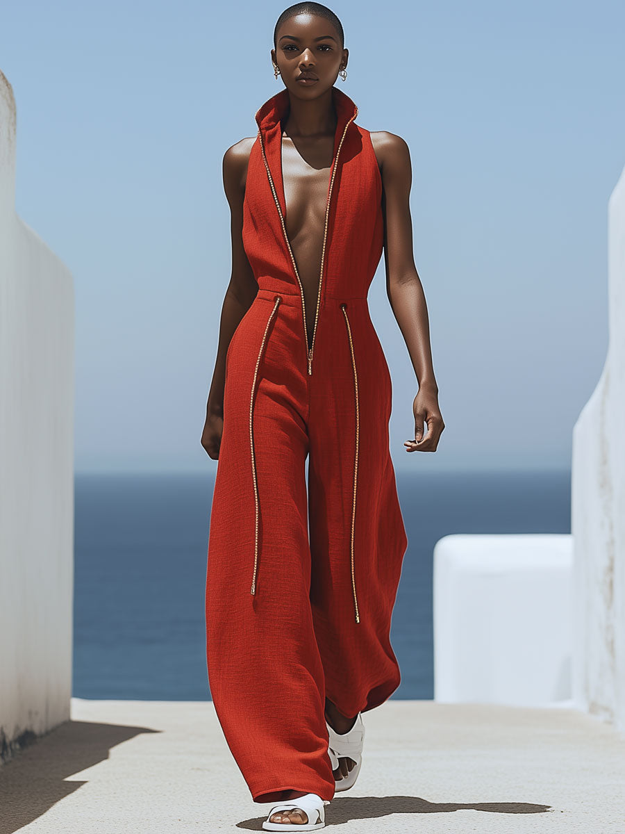 Red Cotton Linen Sleeveless Wide Leg Jumpsuit