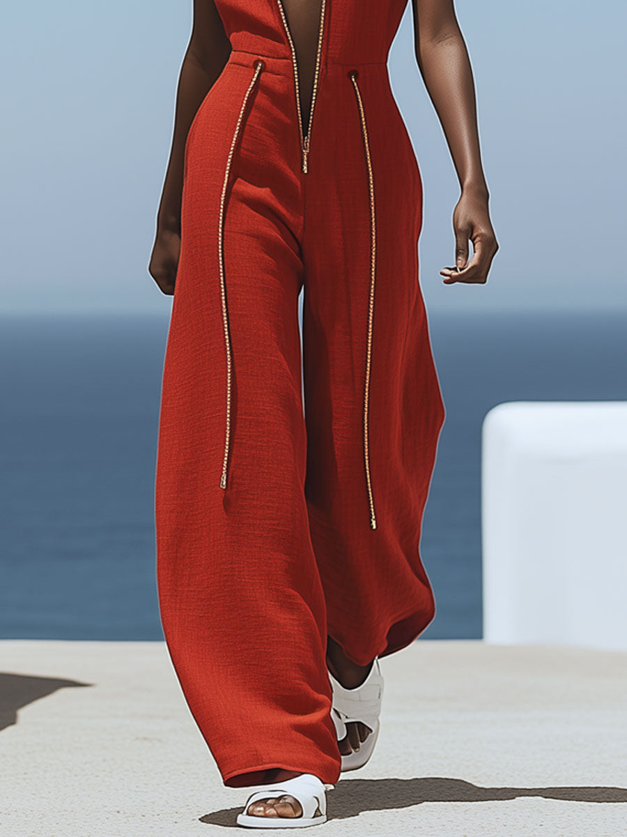 Red Cotton Linen Sleeveless Wide Leg Jumpsuit