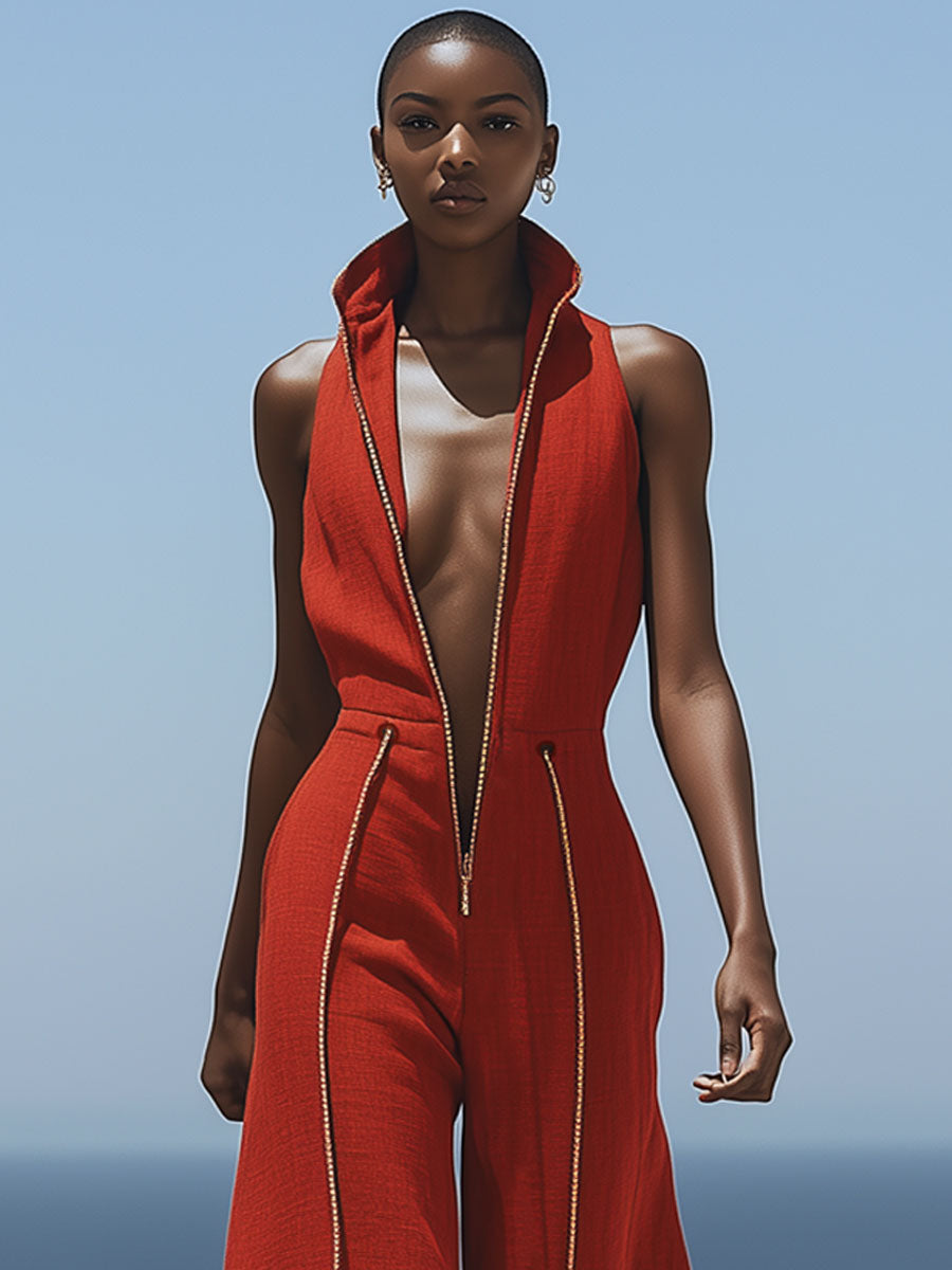 Red Cotton Linen Sleeveless Wide Leg Jumpsuit