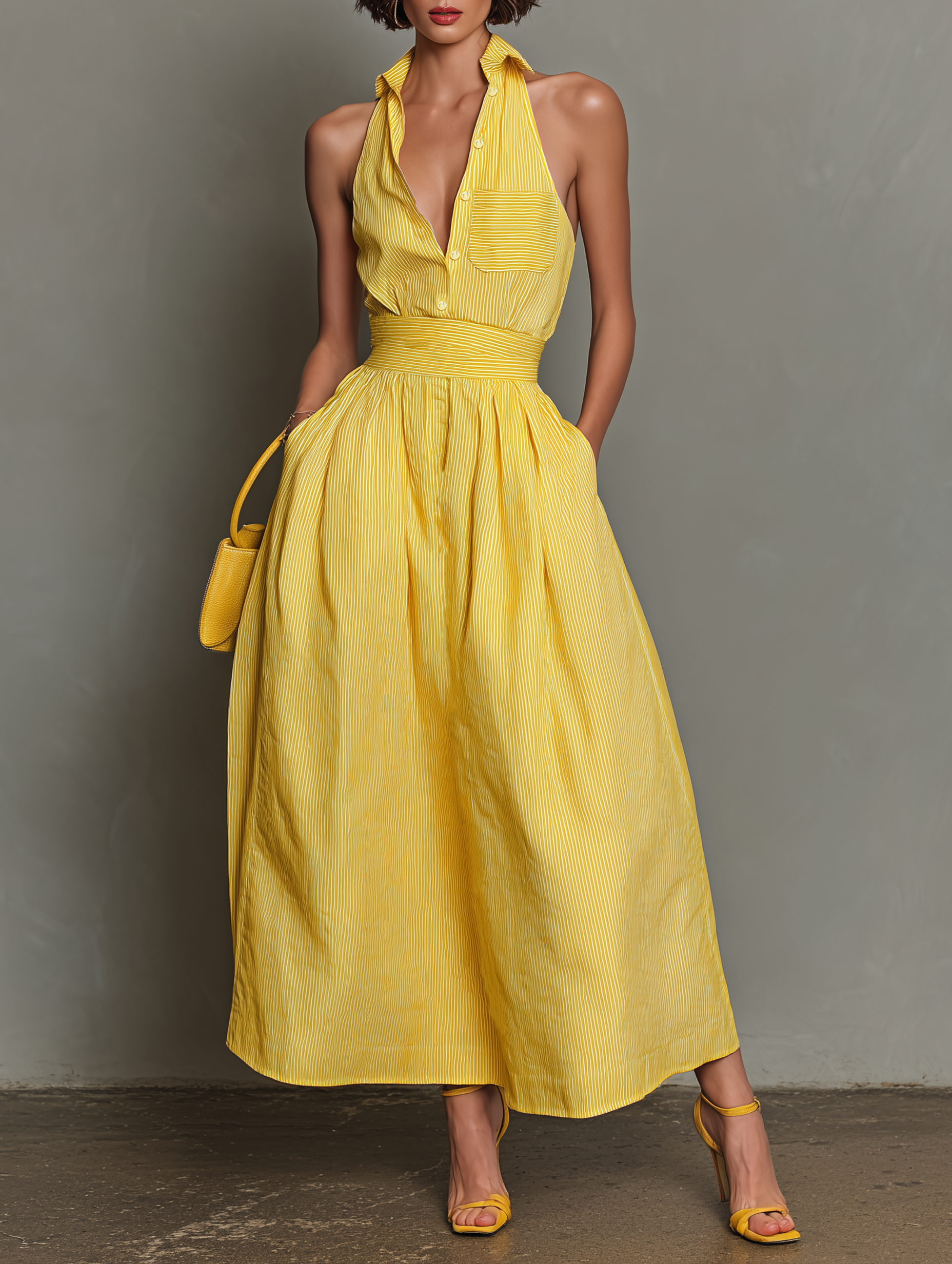 Minimalist Striped Lapel Sleeveless Maxi Dress