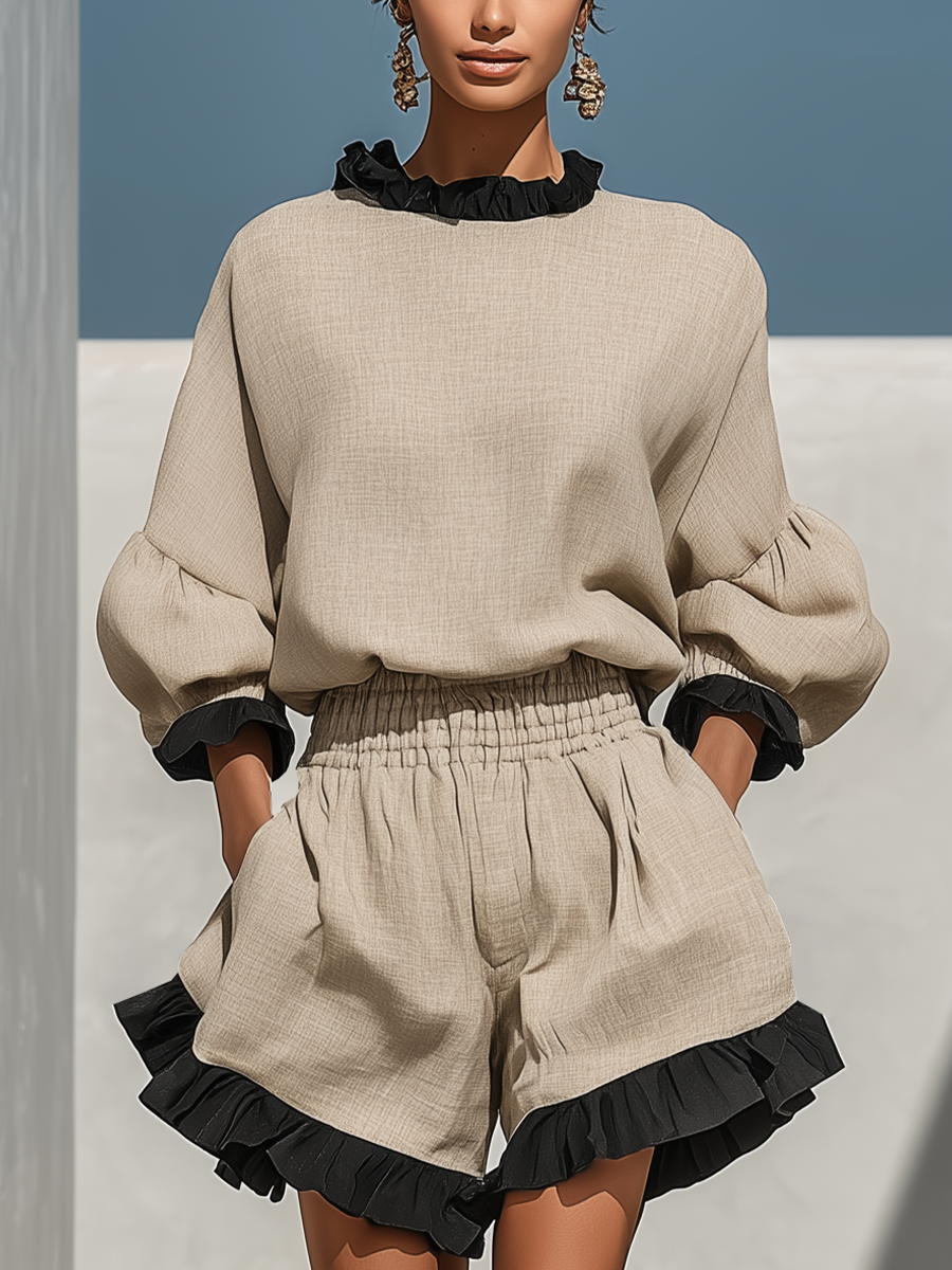Beige Linen-Blend Ruffle Trim Blouse & Shorts Set