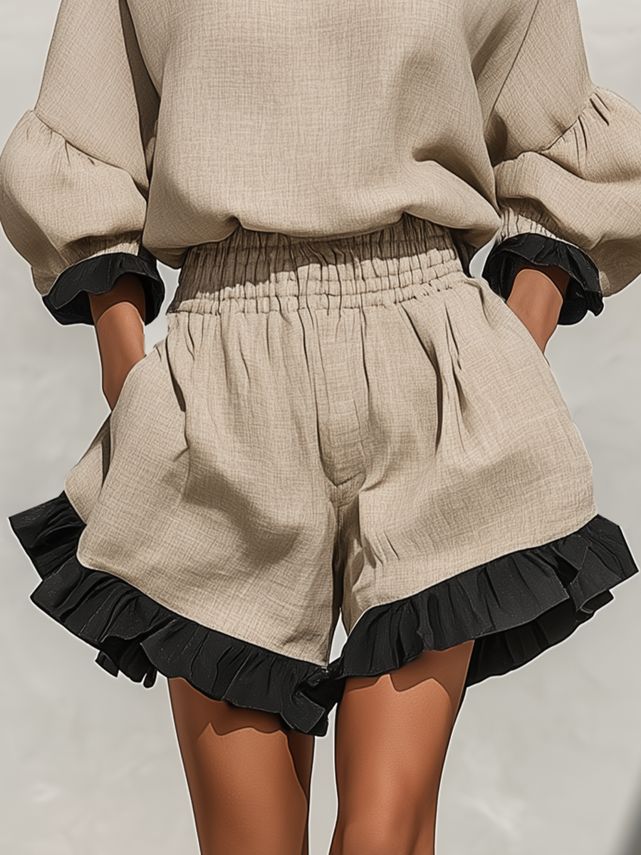 Beige Linen-Blend Ruffle Trim Blouse & Shorts Set