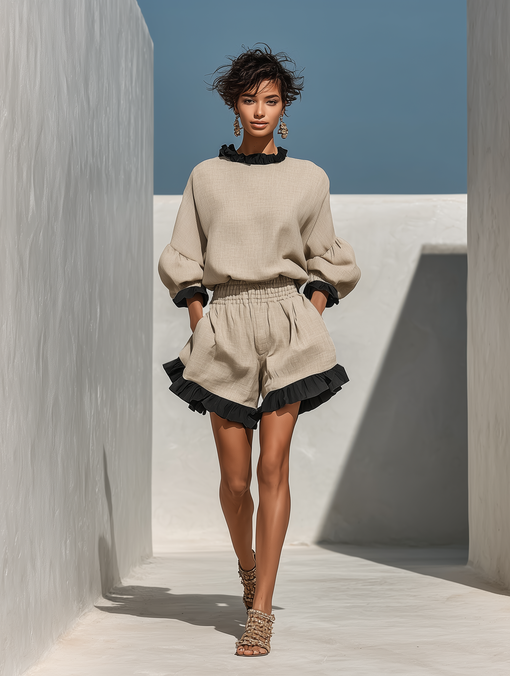 Beige Linen-Blend Ruffle Trim Blouse & Shorts Set