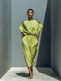 Lime Green Linen-Blend Cold Shoulder Midi Dress