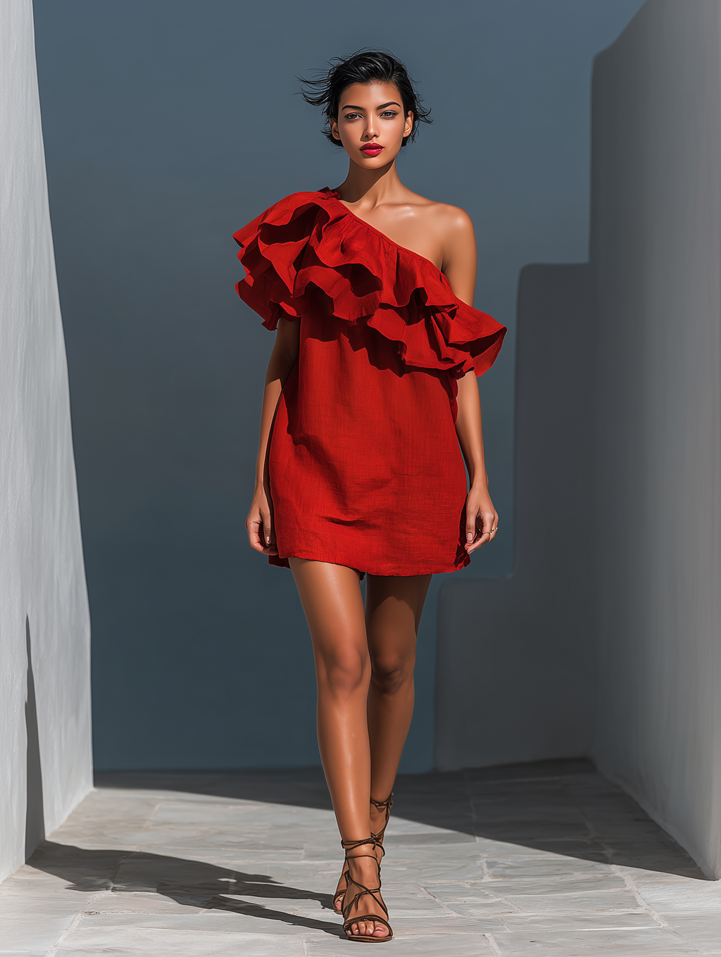Red Linen-Blend One-Shoulder Tiered Mini Dress