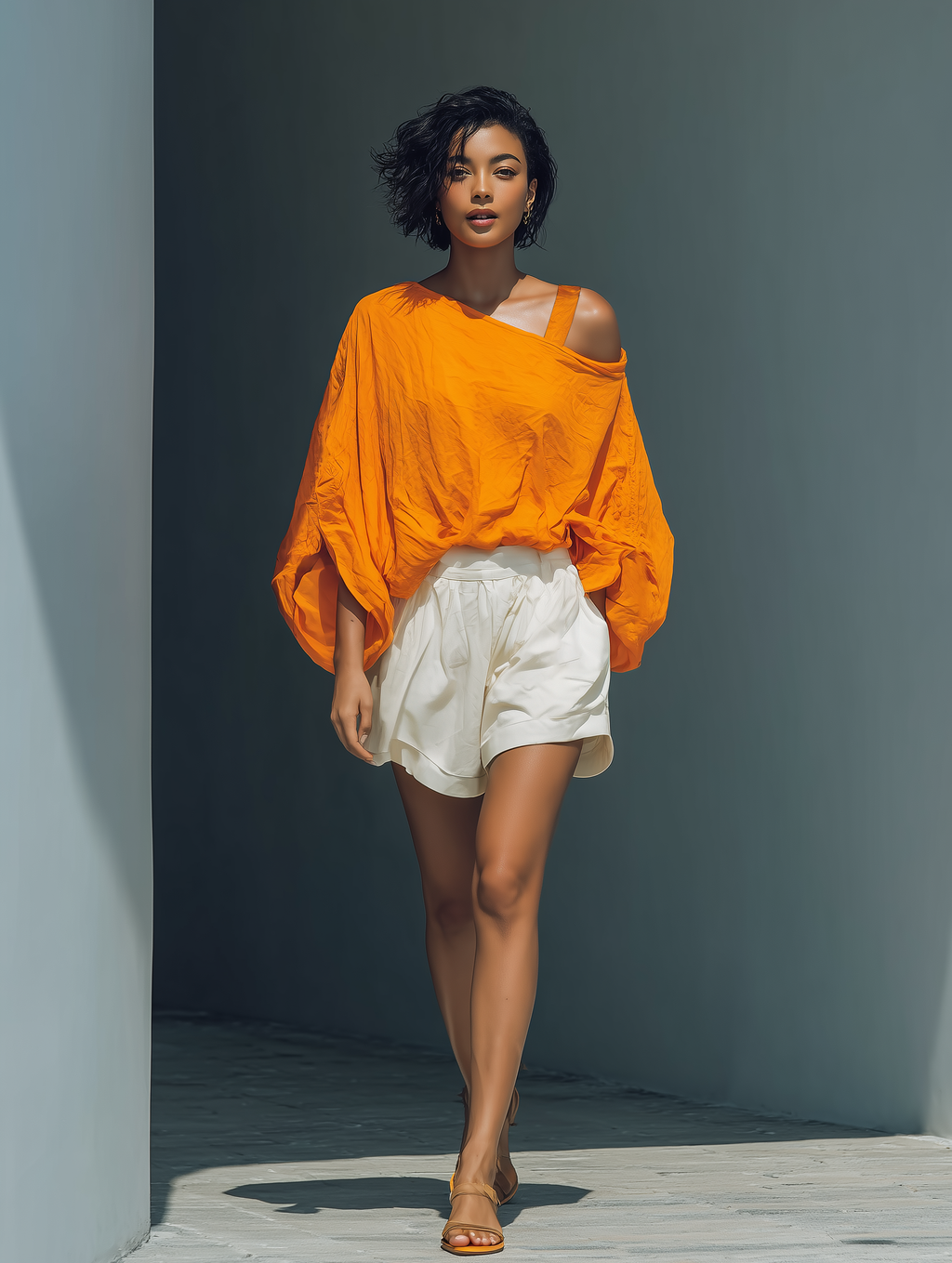 Orange Linen Top & White Ruffle Shorts Set
