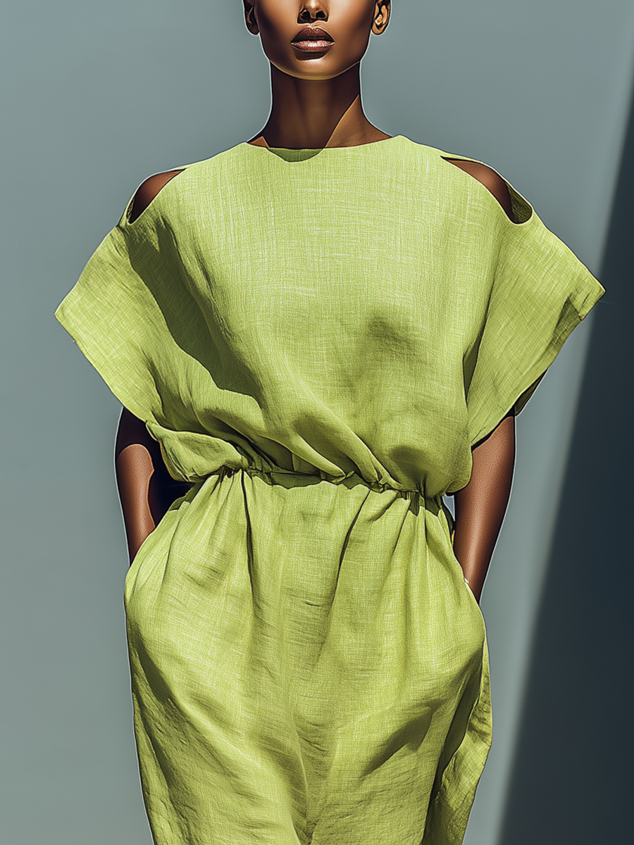 Lime Green Linen-Blend Cold Shoulder Midi Dress
