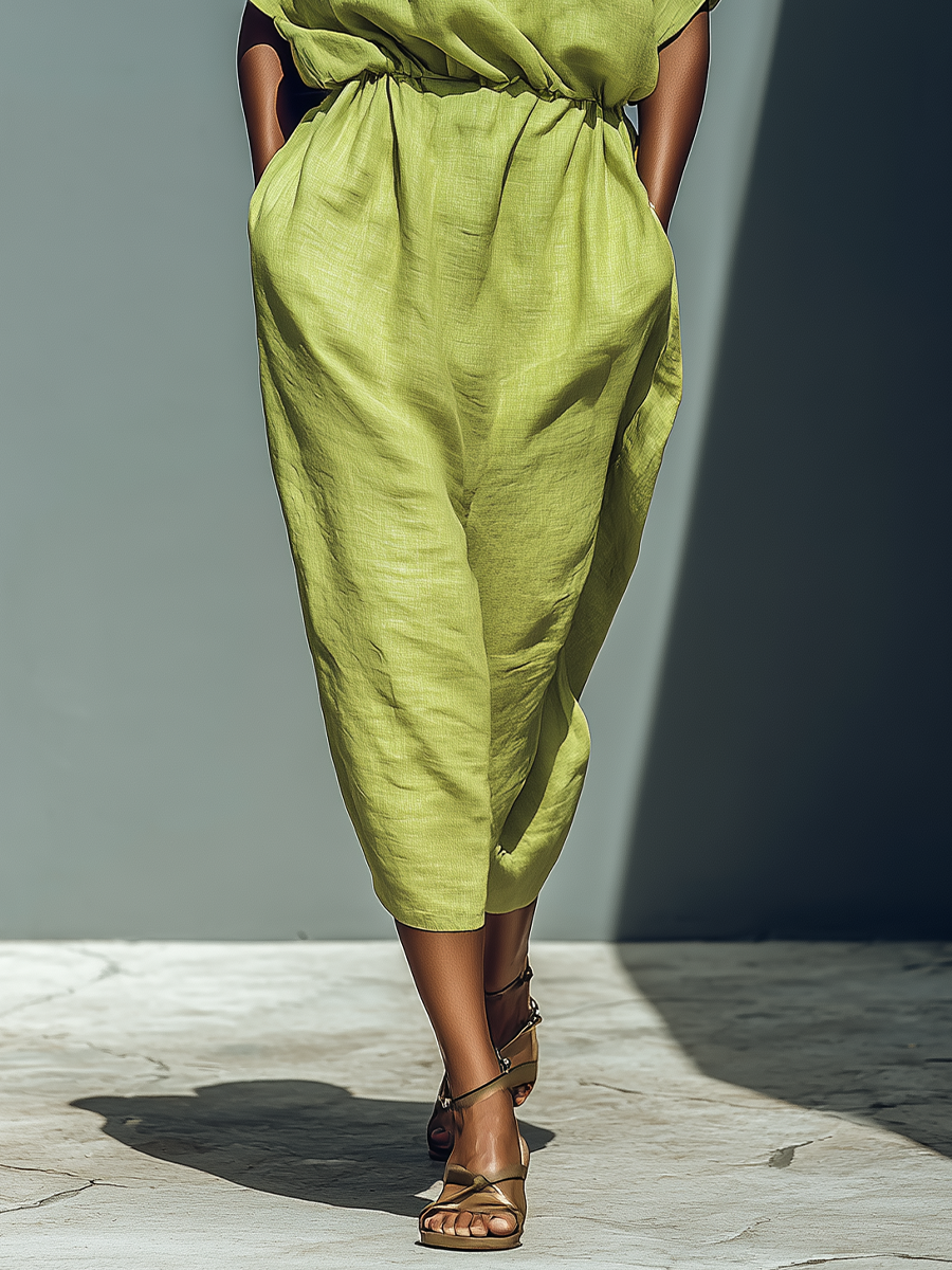Lime Green Linen-Blend Cold Shoulder Midi Dress