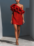 Red Linen-Blend One-Shoulder Tiered Mini Dress