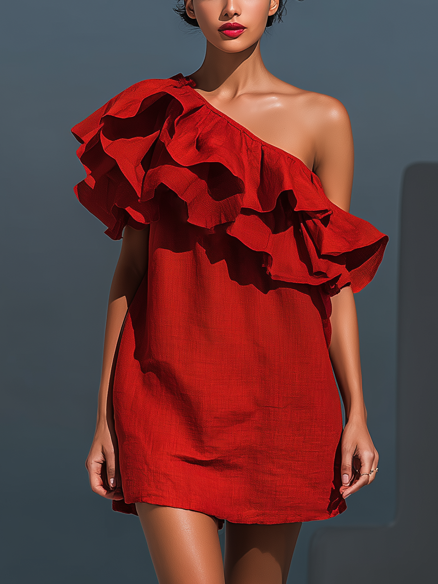 Red Linen-Blend One-Shoulder Tiered Mini Dress
