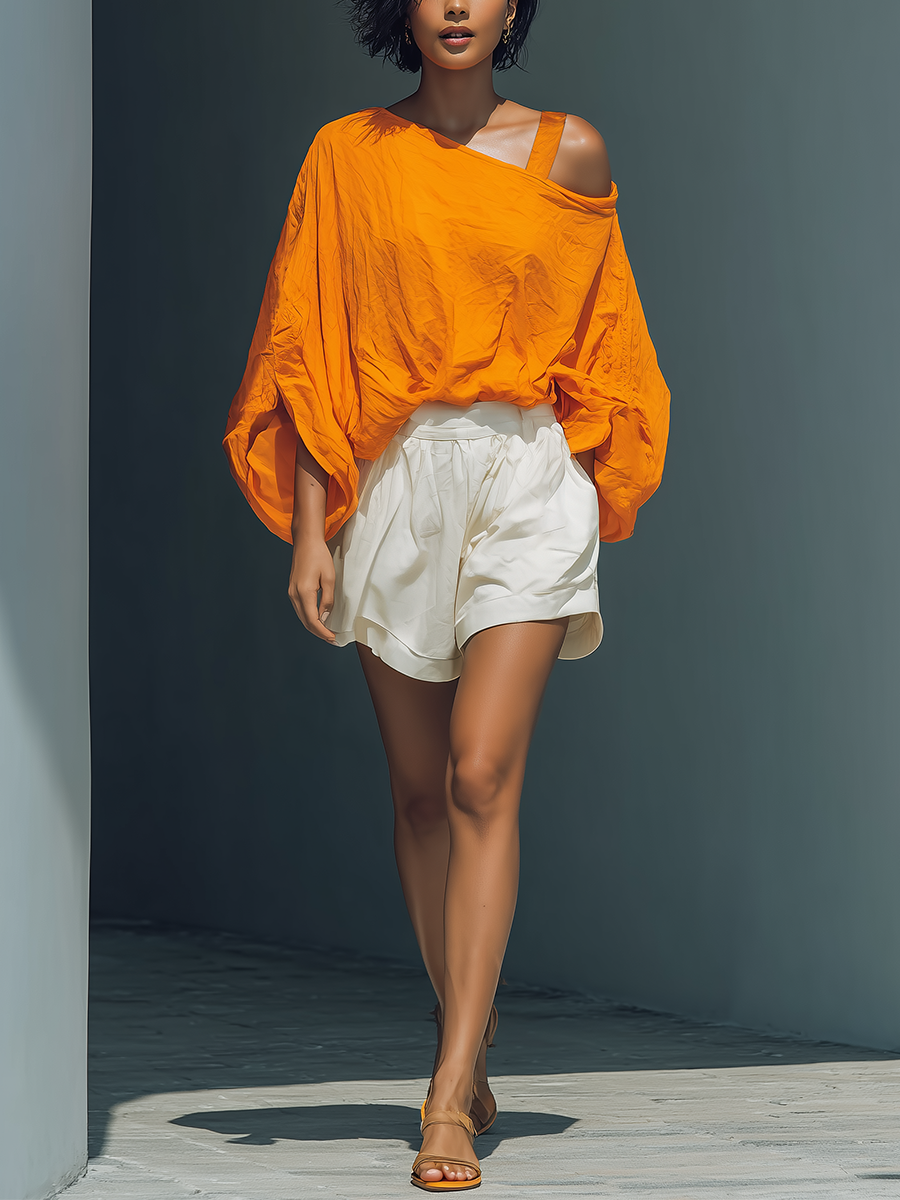 Orange Linen Top & White Ruffle Shorts Set