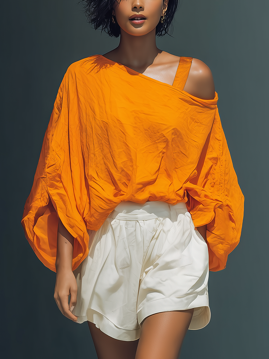 Orange Linen Top & White Ruffle Shorts Set