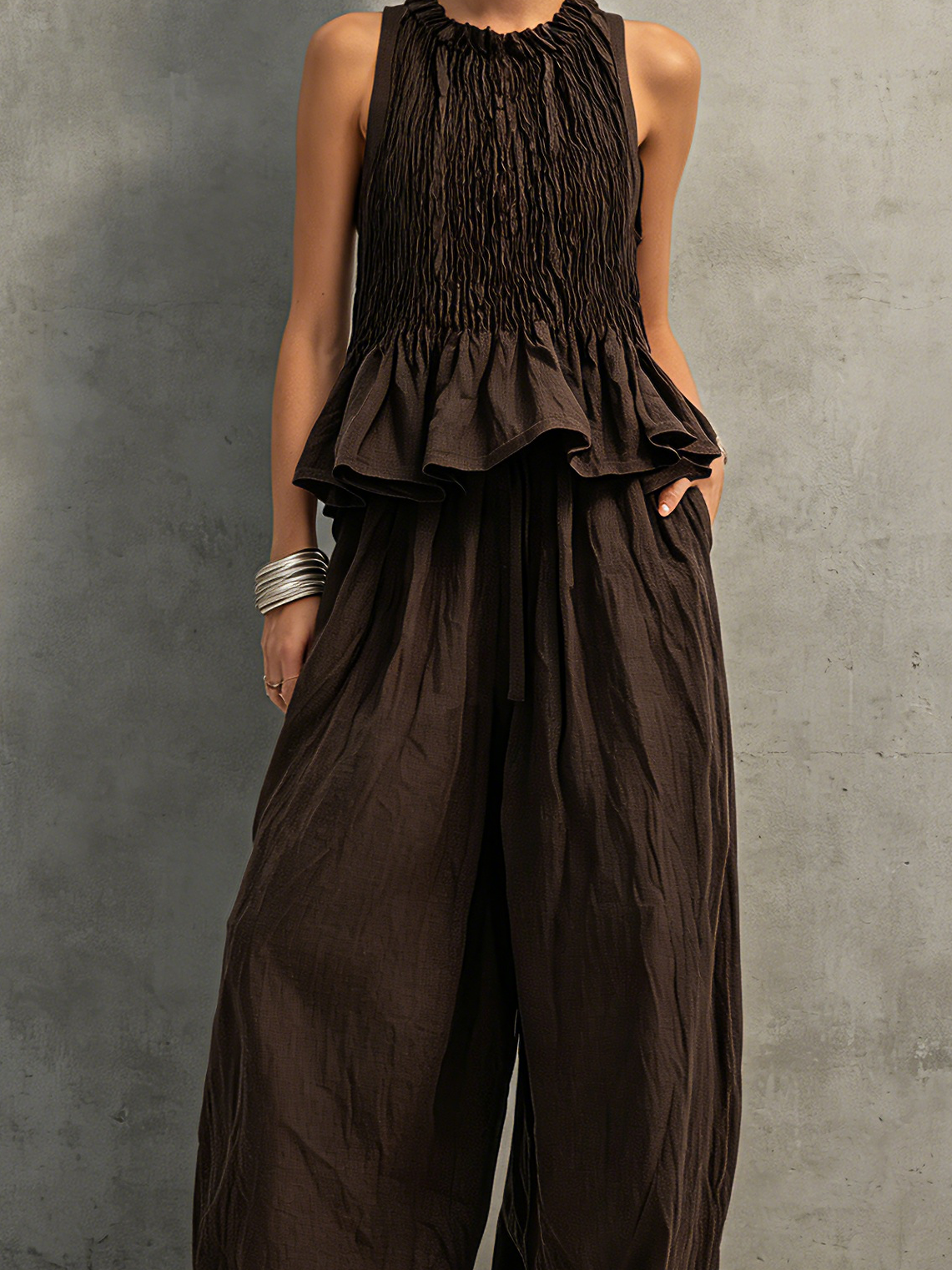 Brown Cotton-Linen Sleeveless Top & Trousers Set