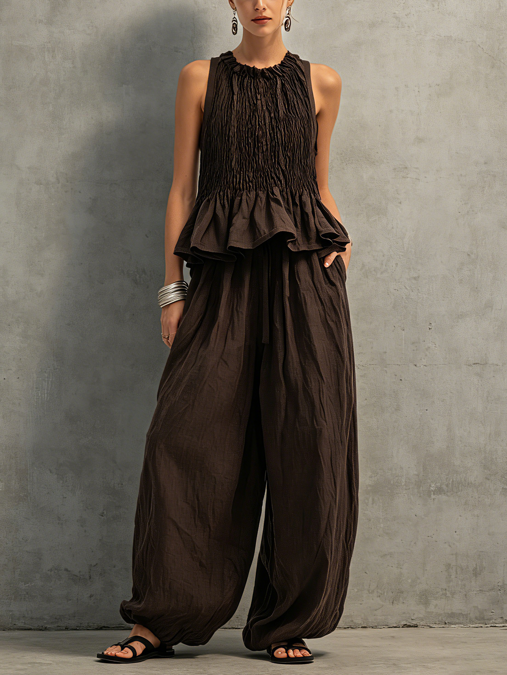 Brown Cotton-Linen Sleeveless Top & Trousers Set