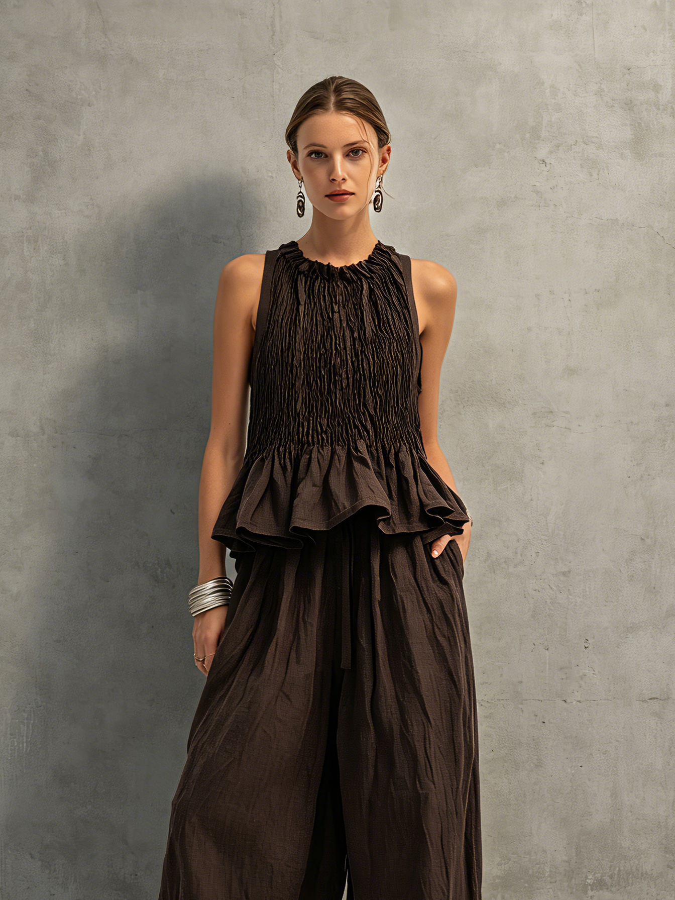 Brown Cotton-Linen Sleeveless Top & Trousers Set