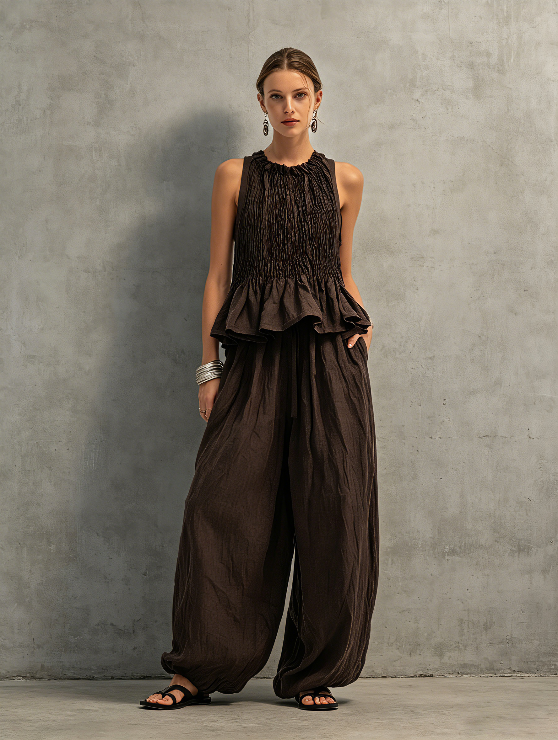 Brown Cotton-Linen Sleeveless Top & Trousers Set