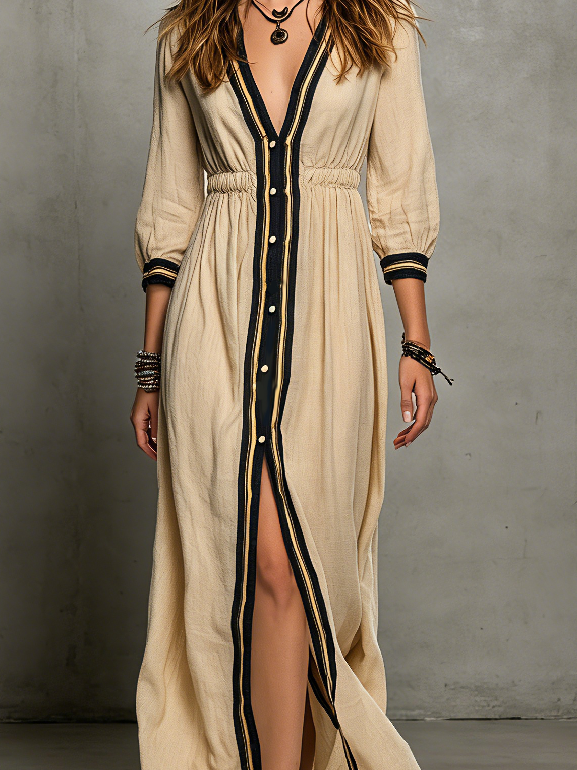 Khaki Cotton-Linen V-Neck Elastic Maxi Dress