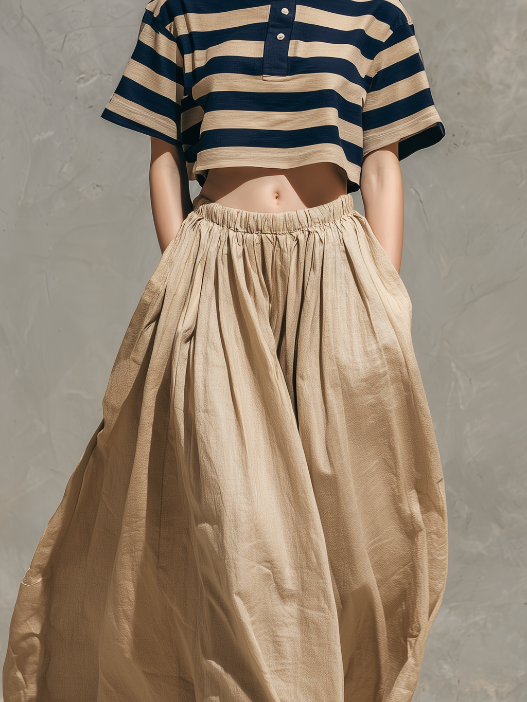 Navy & Khaki Striped Shirt Top & Khaki Skirt Set