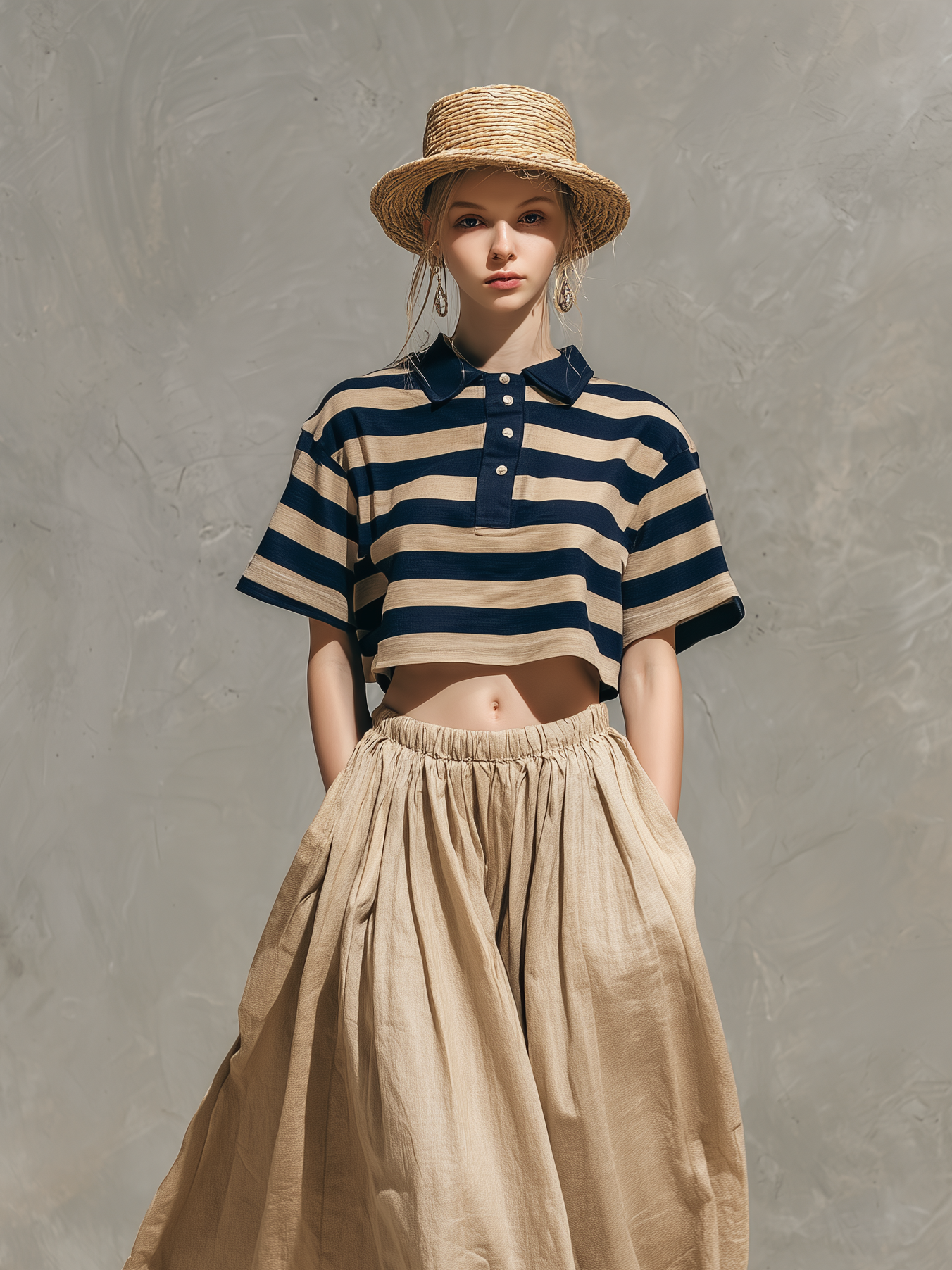 Navy & Khaki Striped Shirt Top & Khaki Skirt Set