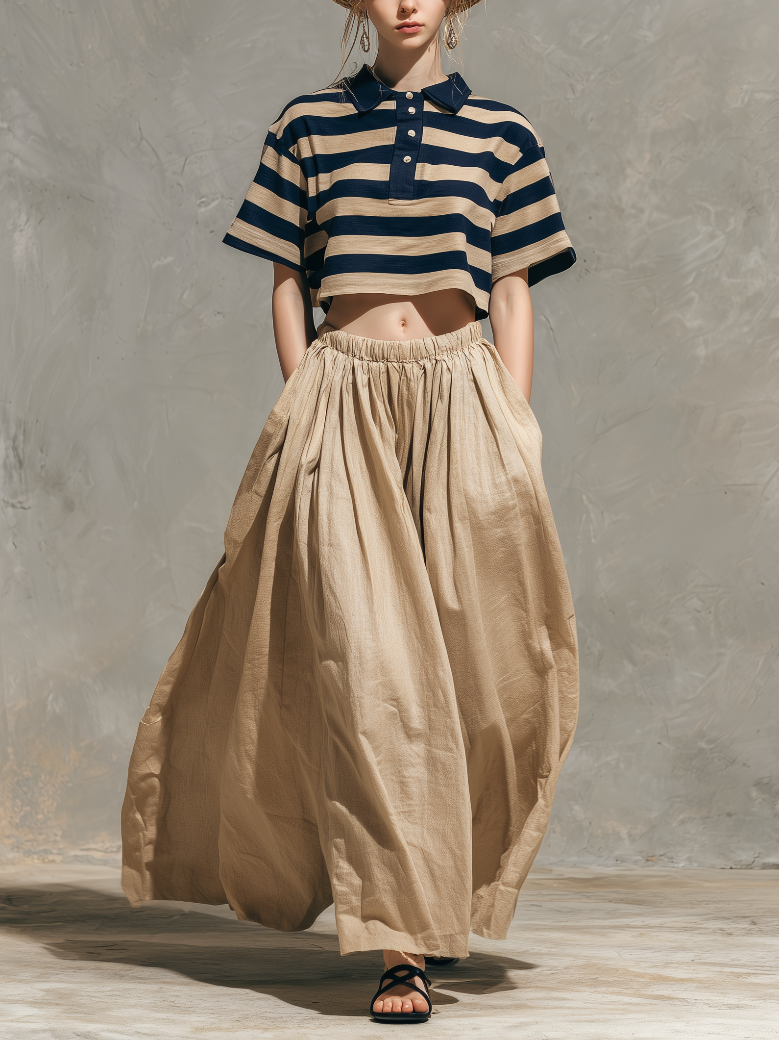 Navy & Khaki Striped Shirt Top & Khaki Skirt Set