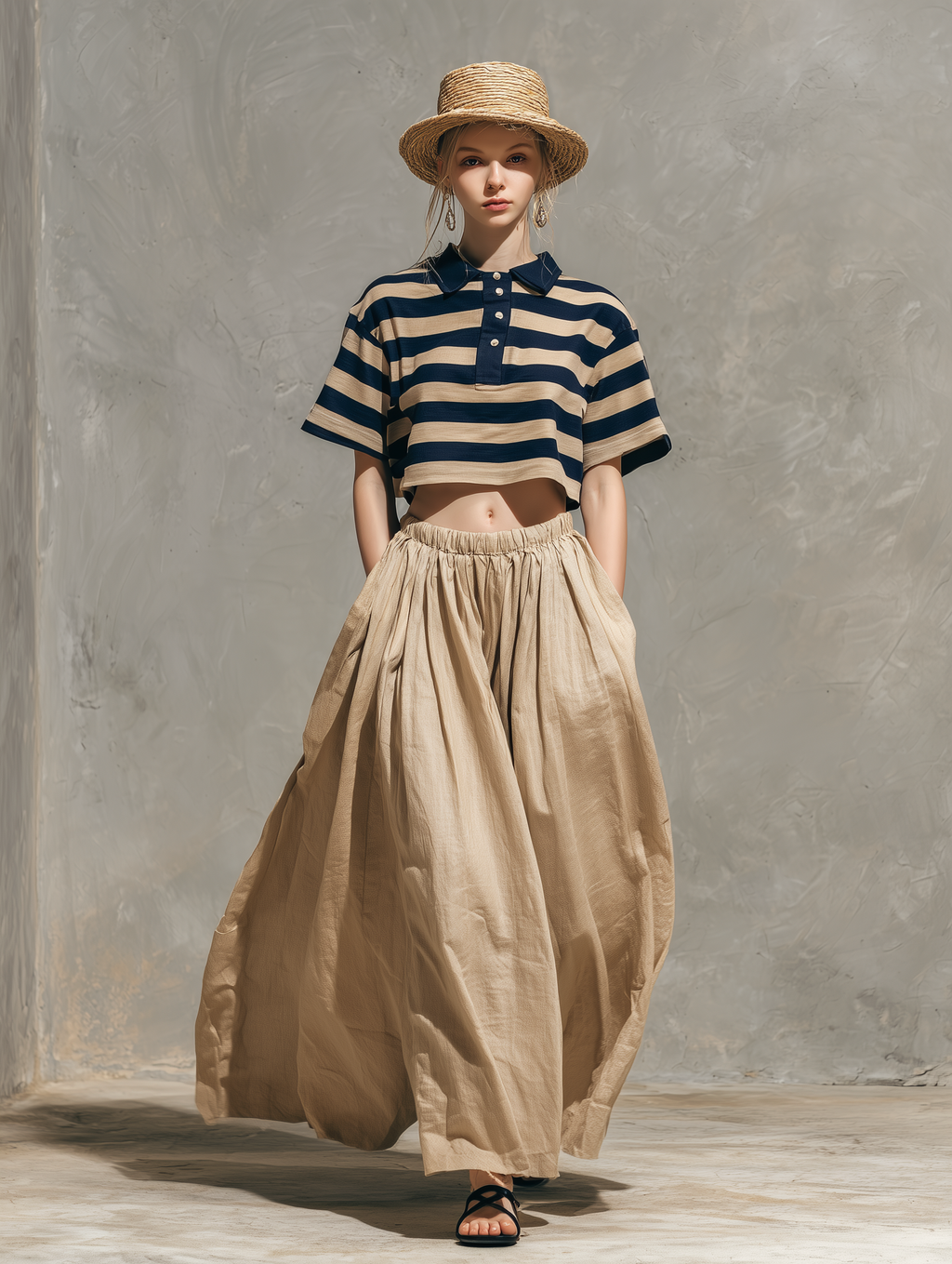 Navy & Khaki Striped Shirt Top & Khaki Skirt Set