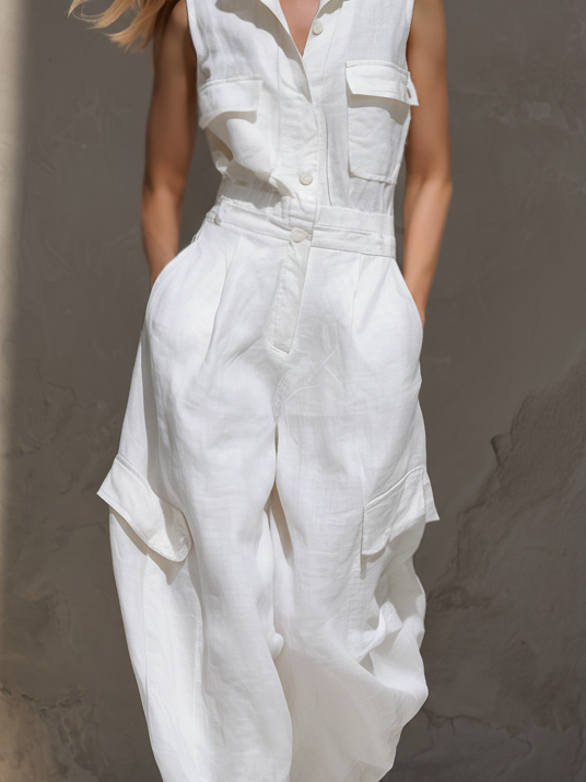 White Cotton-Linen Collared Sleeveless Jumpsuit