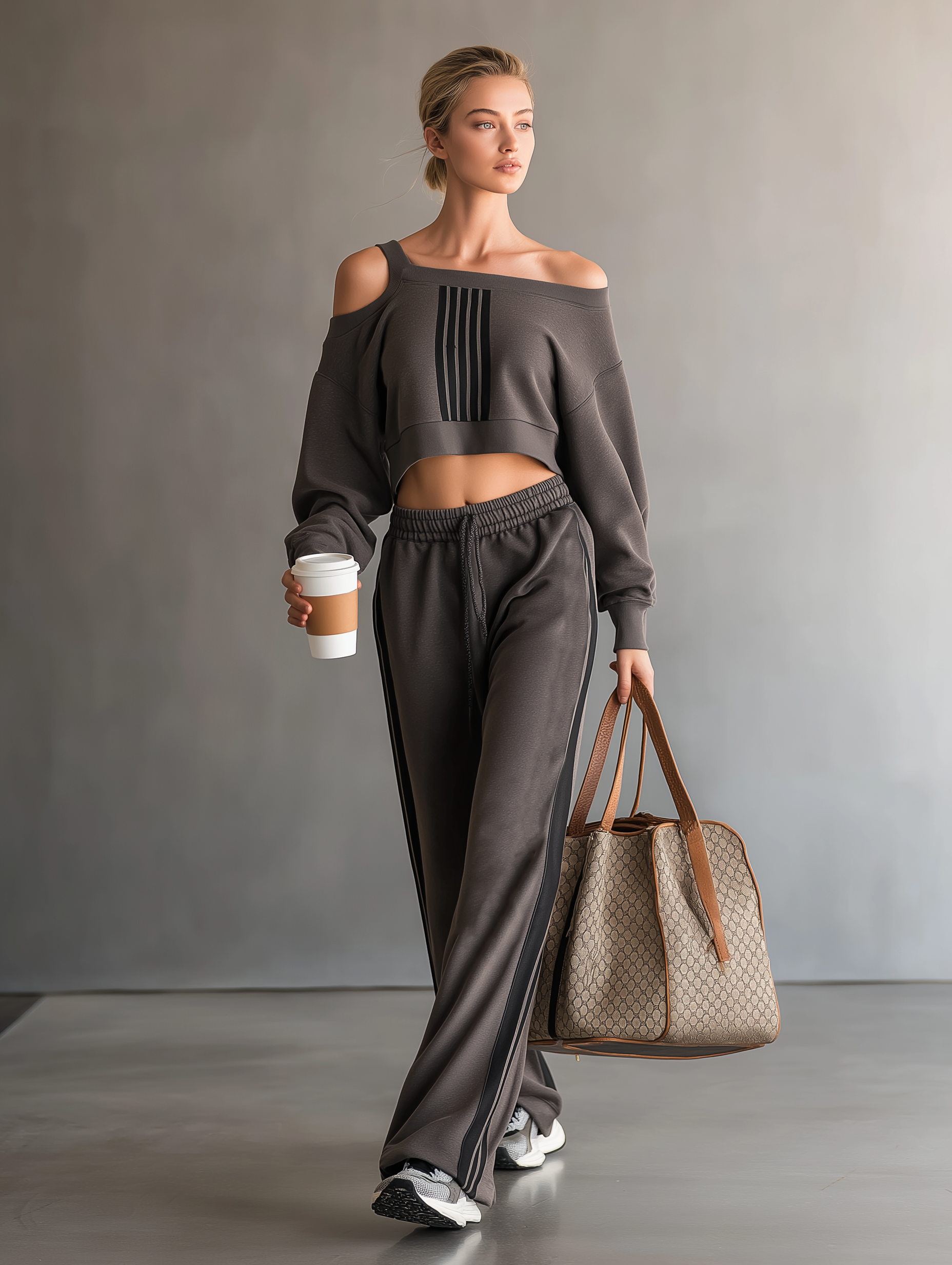 Off-Shoulder Cropped Sweatshirt & Sweatpants Set