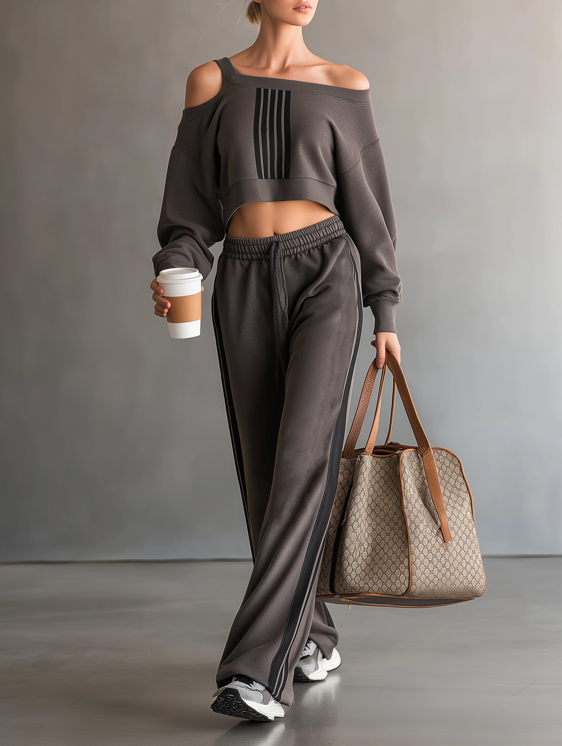 Off-Shoulder Cropped Sweatshirt & Sweatpants Set