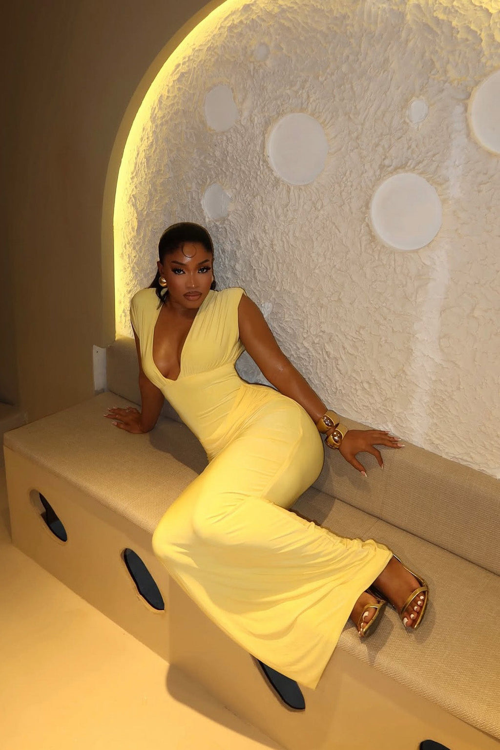 Chic Lemon Ruched Hourglass Maxi Dress