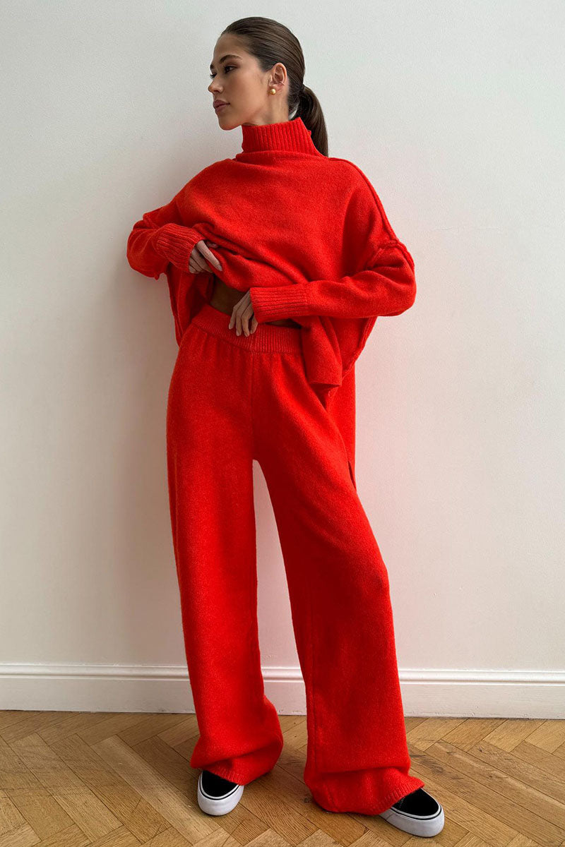 Turtleneck Split Sweater Loose Knit Pants Set