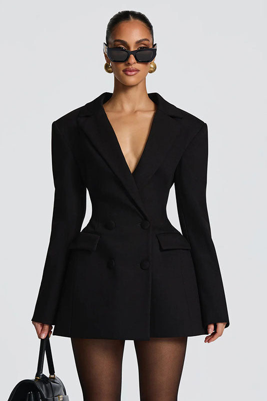 Deep V-Neck Waisted Blazer Mini Dress