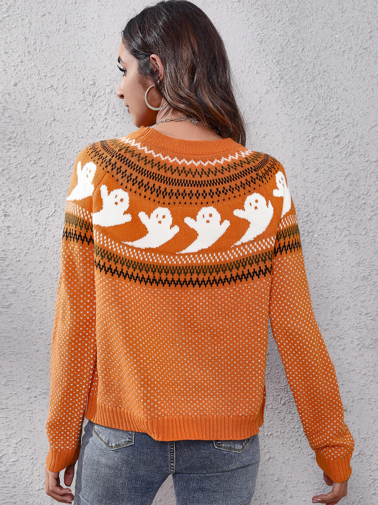Literary Retro Ghost Pattern Neck Knitted Sweater