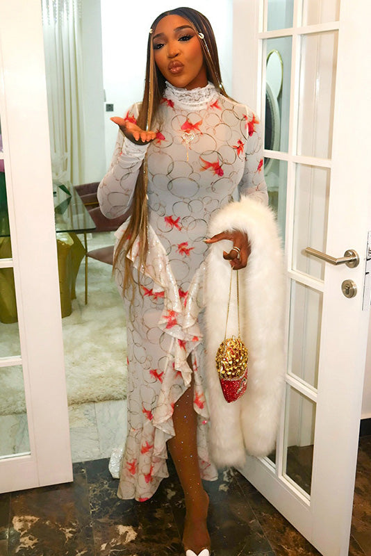 Koi Fish Print High-Neck Maxi Dress