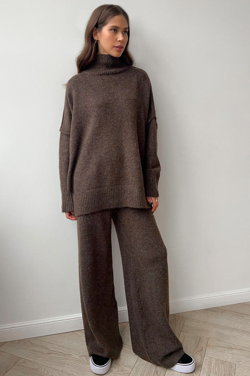 Turtleneck Split Sweater Loose Knit Pants Set