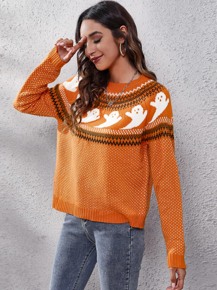 Literary Retro Ghost Pattern Neck Knitted Sweater