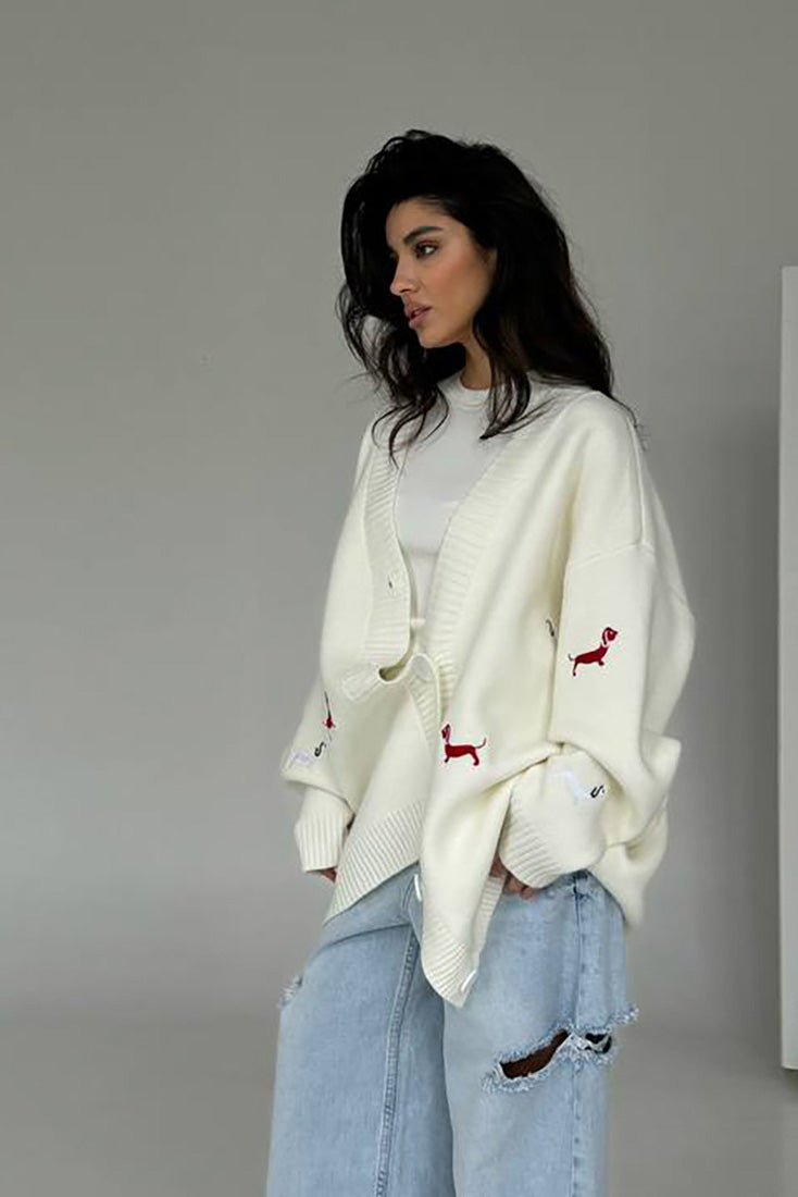 V-neck Dachshund Knit Cardigan