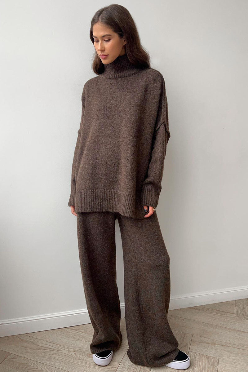 Turtleneck Split Sweater Loose Knit Pants Set