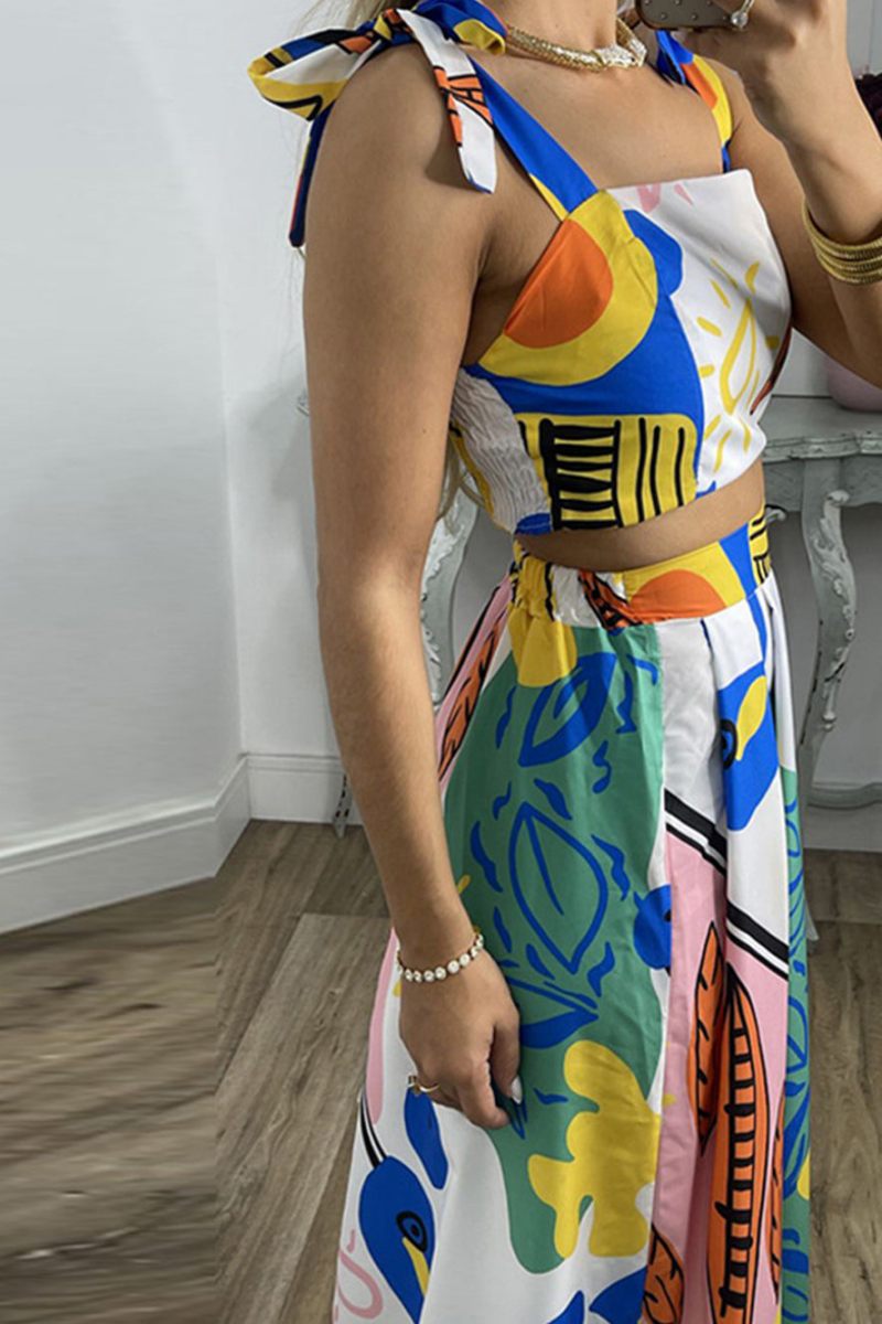 Graffiti Printed Tie Top & Pleated Skirt Set